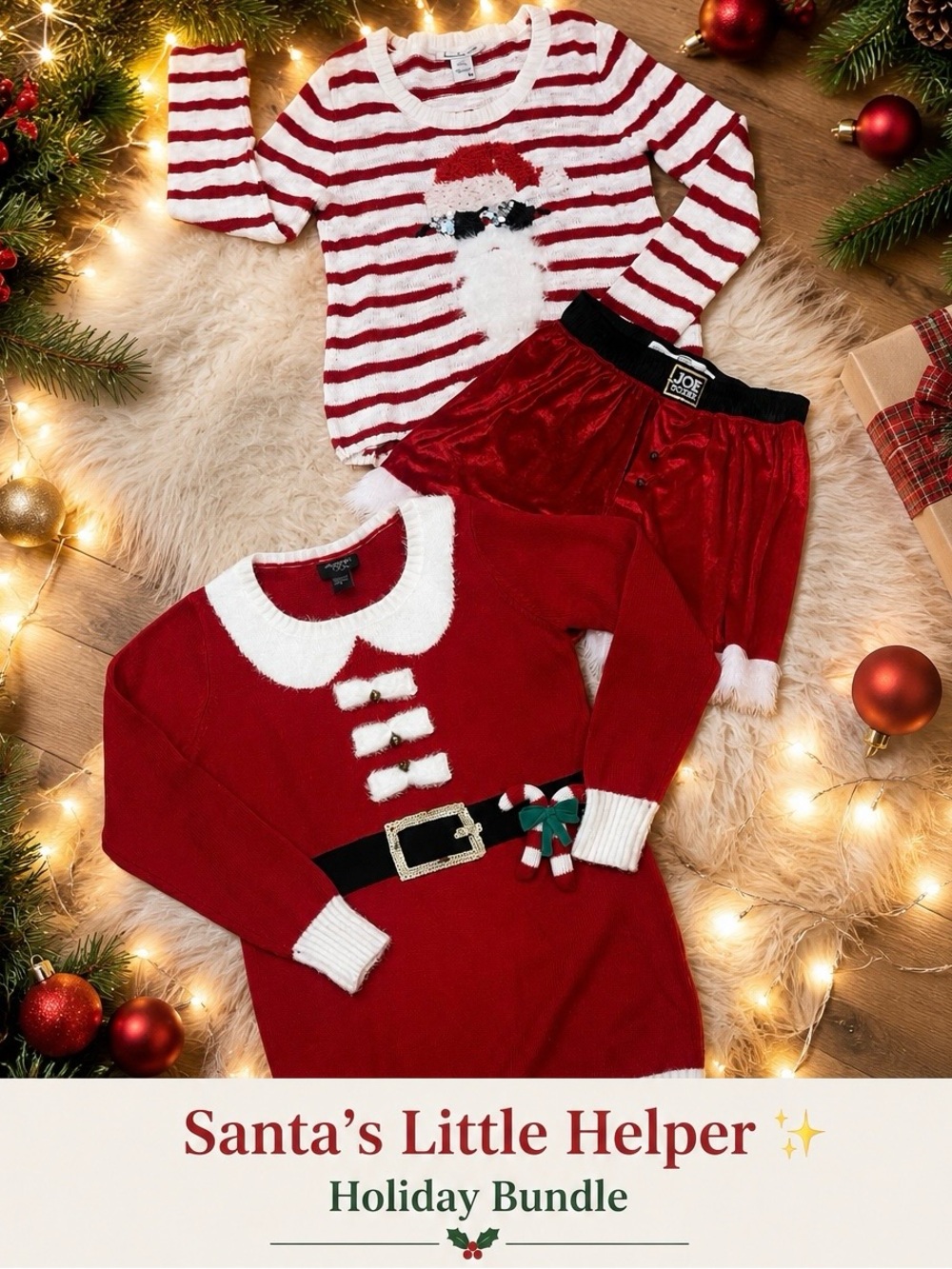 Santa 3 Piece Bundle Sweater, Sweater Dress and Santa Shorts. 

Free Shipping!